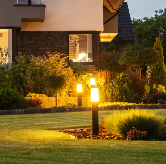 a landscaped yard at night